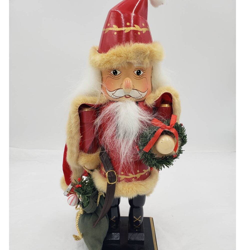 Nutcracker Santa Claus Christmas Decor Red Cape Holding Toy Bag Size 14"